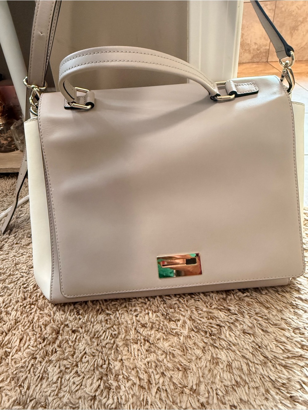 kate spade Cream Structured Top-Handle Satchel with Gold Hardware
